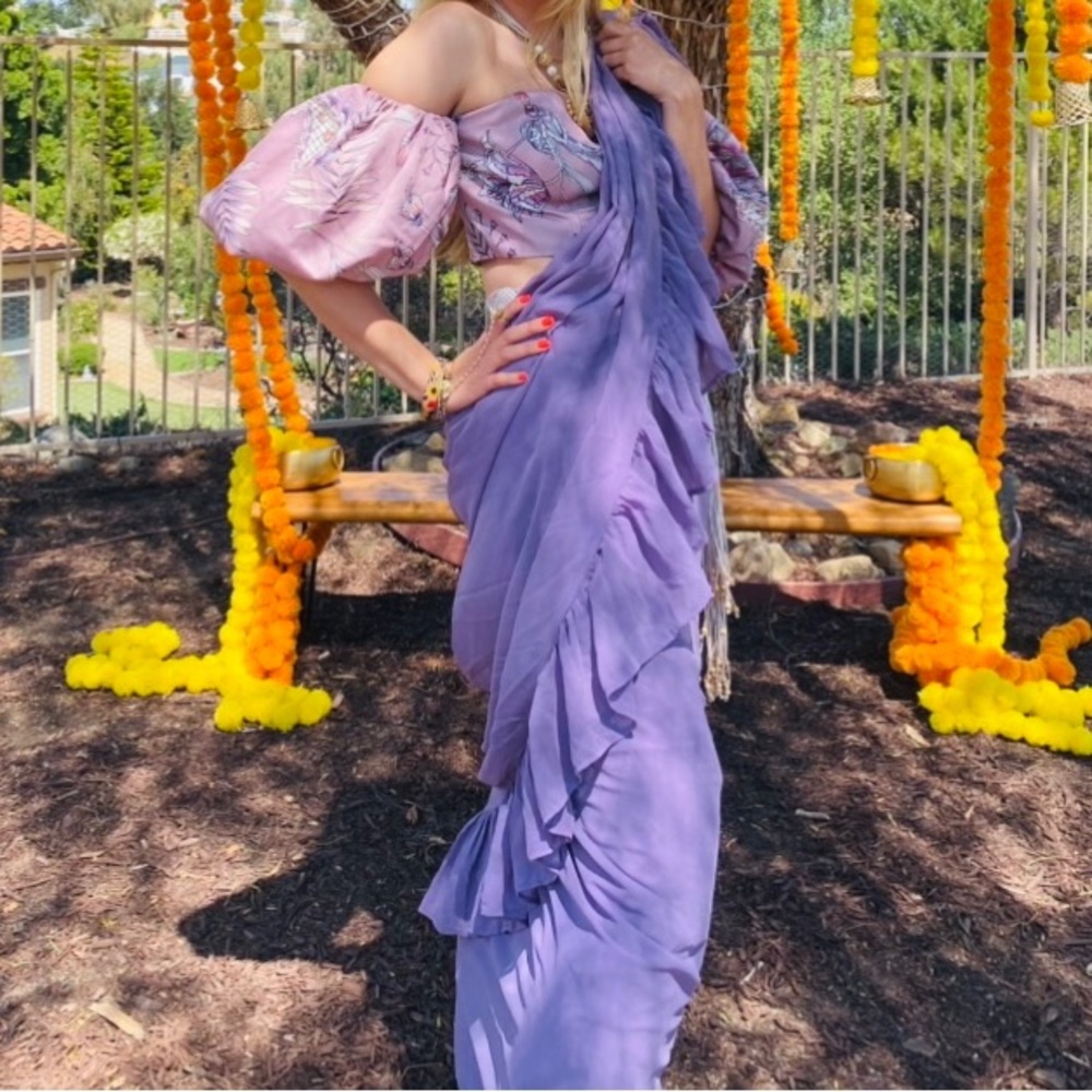 Lavender Ruffled Tiered Pre-Stitched Saree (1PC)